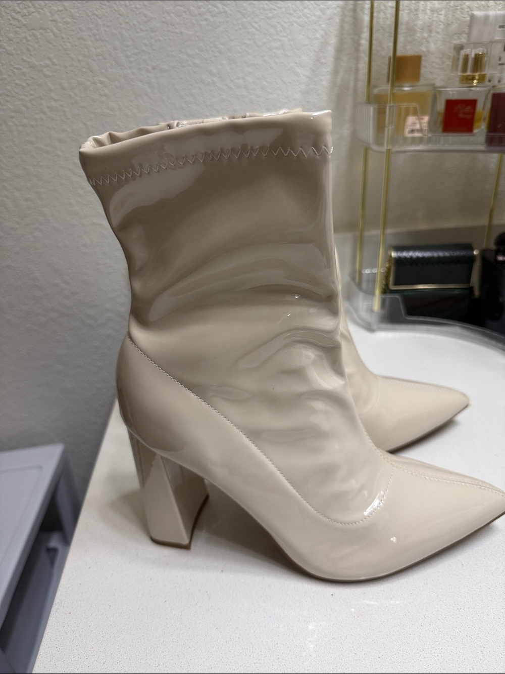 Women’s Patent Pointed Toe Ankle Boots in Cream
